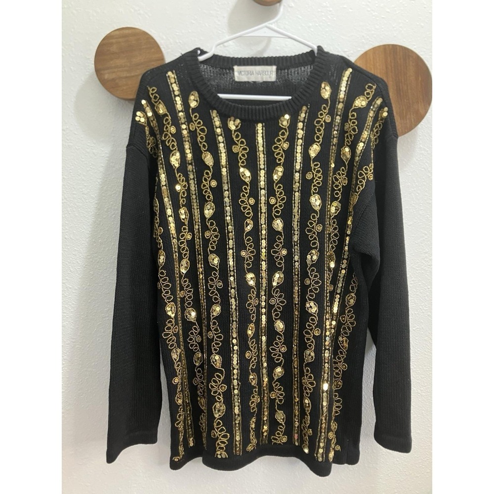 Vintage‎ Victoria Harbour Black Gold Beaded Sequin Sweater Retro Size Medium
